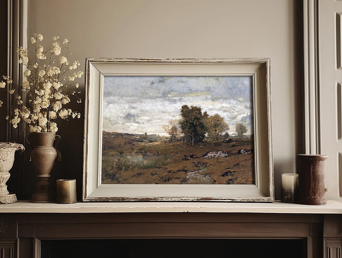 Vintage Moody Autumn Moor Landscape Earth Tone Oil Painting Poster - Image 3