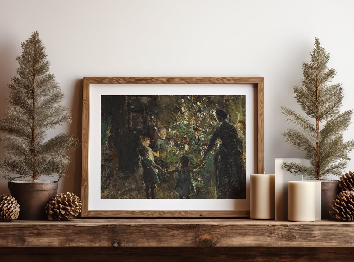 Family Around the Christmas Tree Dark Vintage Oil Painting Wall Art - Image 4