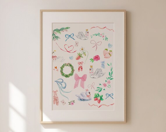 Christmas Ballerina Swan Collage with Bows and Berries Poster
