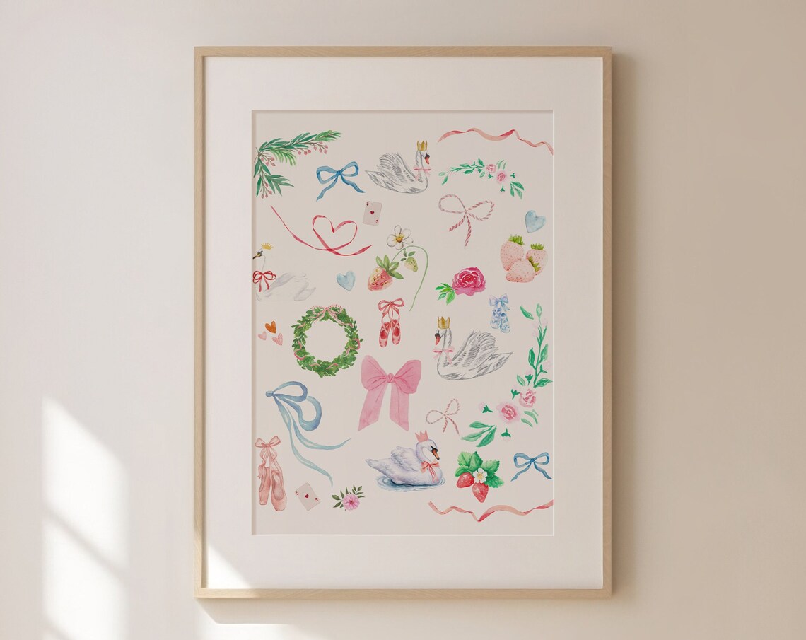 Christmas Ballerina Swan Collage with Bows and Berries Poster