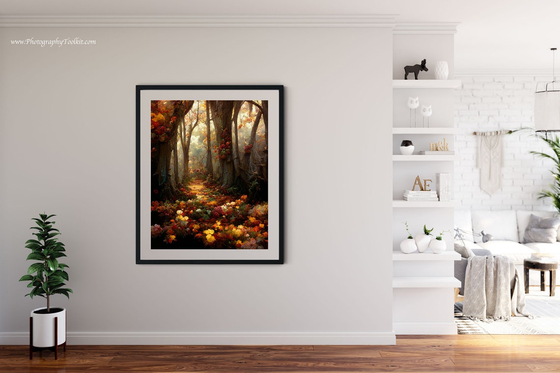 Autumn Forest Path Golden Light Flower Meadow Woodland Landscape Print - Image 4