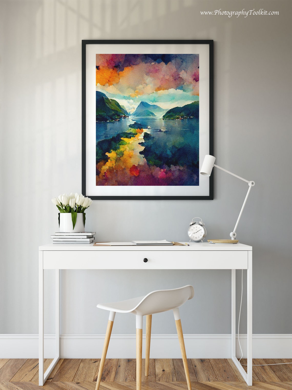 Norwegian Fjord Sunset Reflection Colorful Sky Watercolor Poster - Image 2