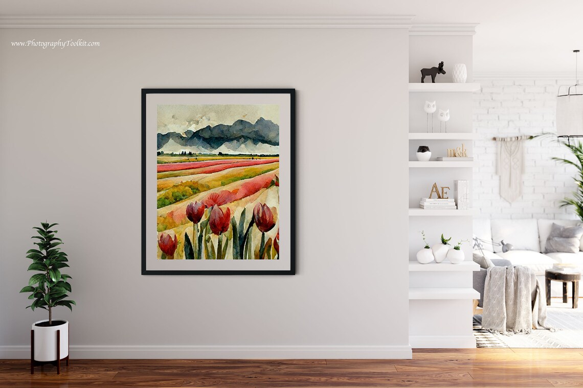 Tulip Print, Vintage Spring Meadow Landscape Art Print - Image 4