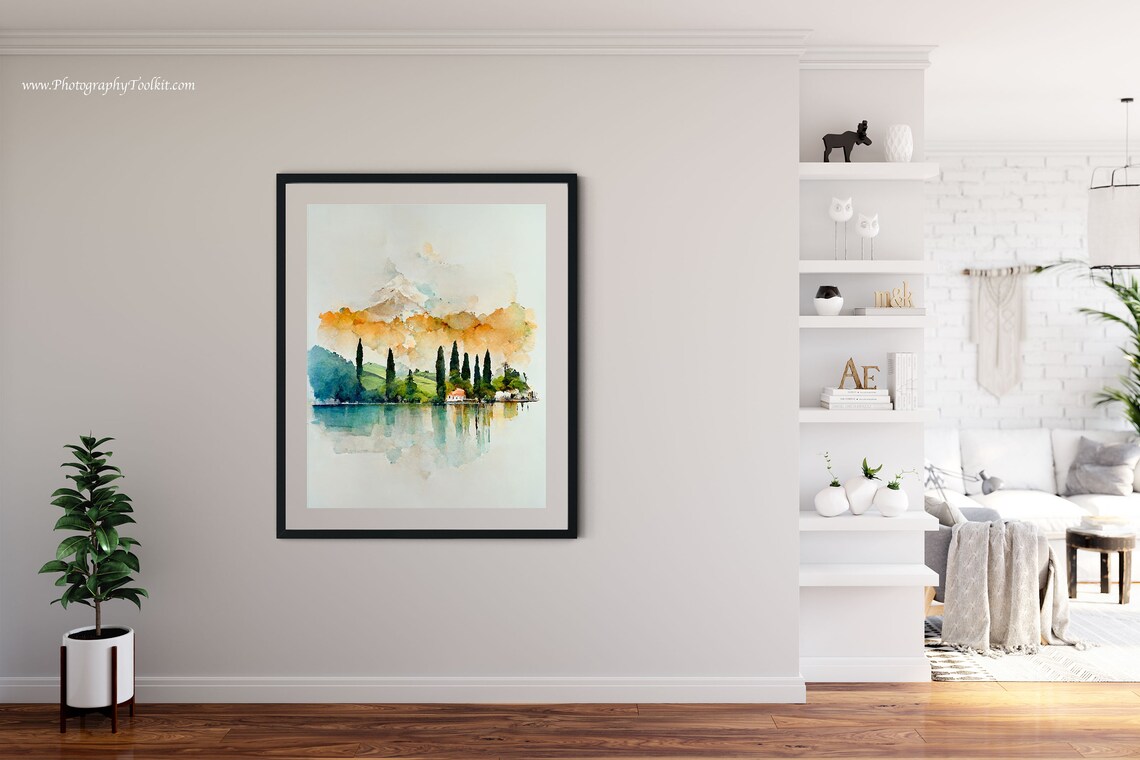 Watercolor Lake Cypress Trees Lakeside Village Soft Pastel Landscape Print - Image 4
