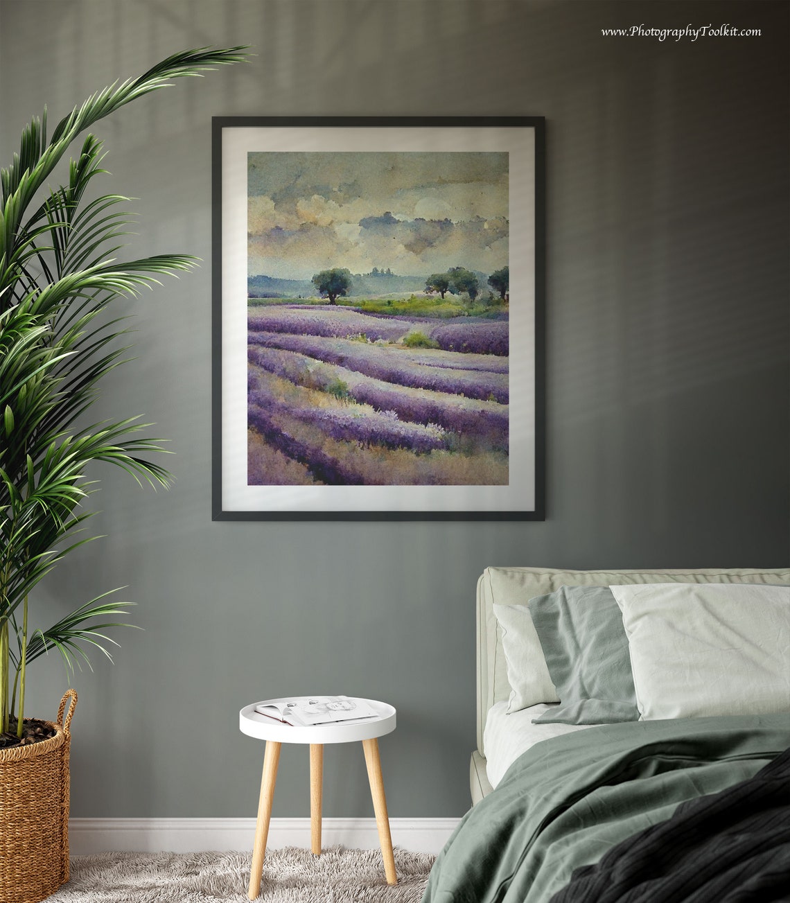 Lavender Field Rows Beneath a Cloudy Moonlit Sky Watercolor Poster - Image 3