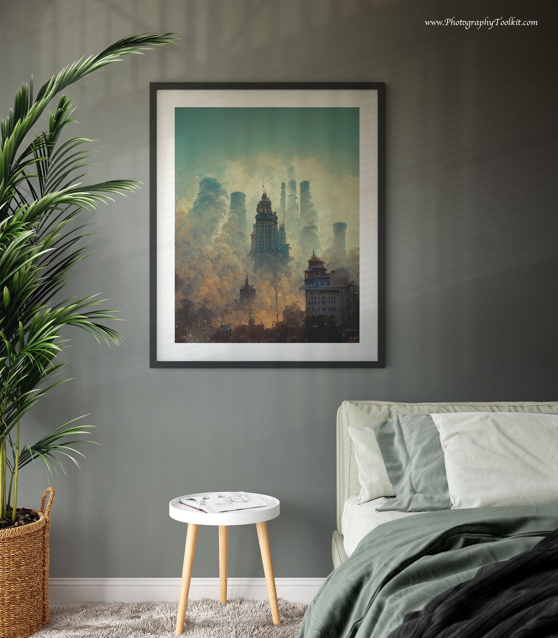 Golden Mist City Towers Dreamlike Vintage Skyline Art Poster - Image 3
