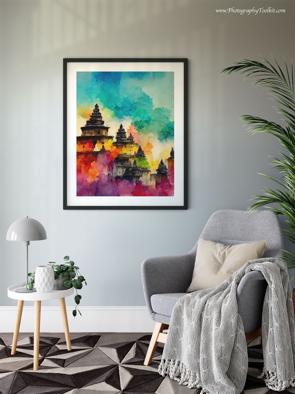 Ancient Stone Temple Spires Vibrant Magenta Sky Watercolor Poster - Image 6