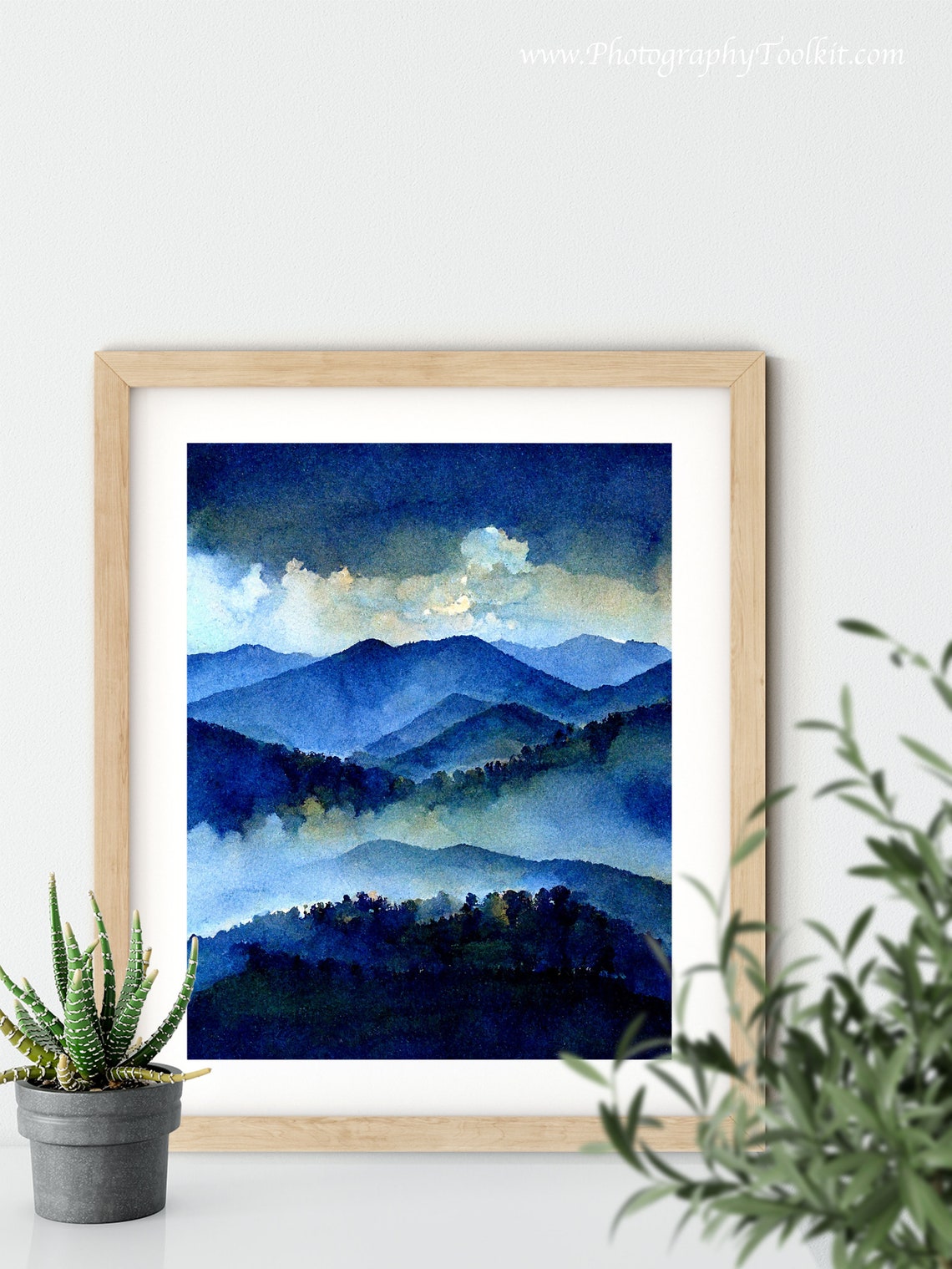 Blue Misty Mountains Watercolor Cloudy Sky Over Foggy Peaks Art Poster - Image 5