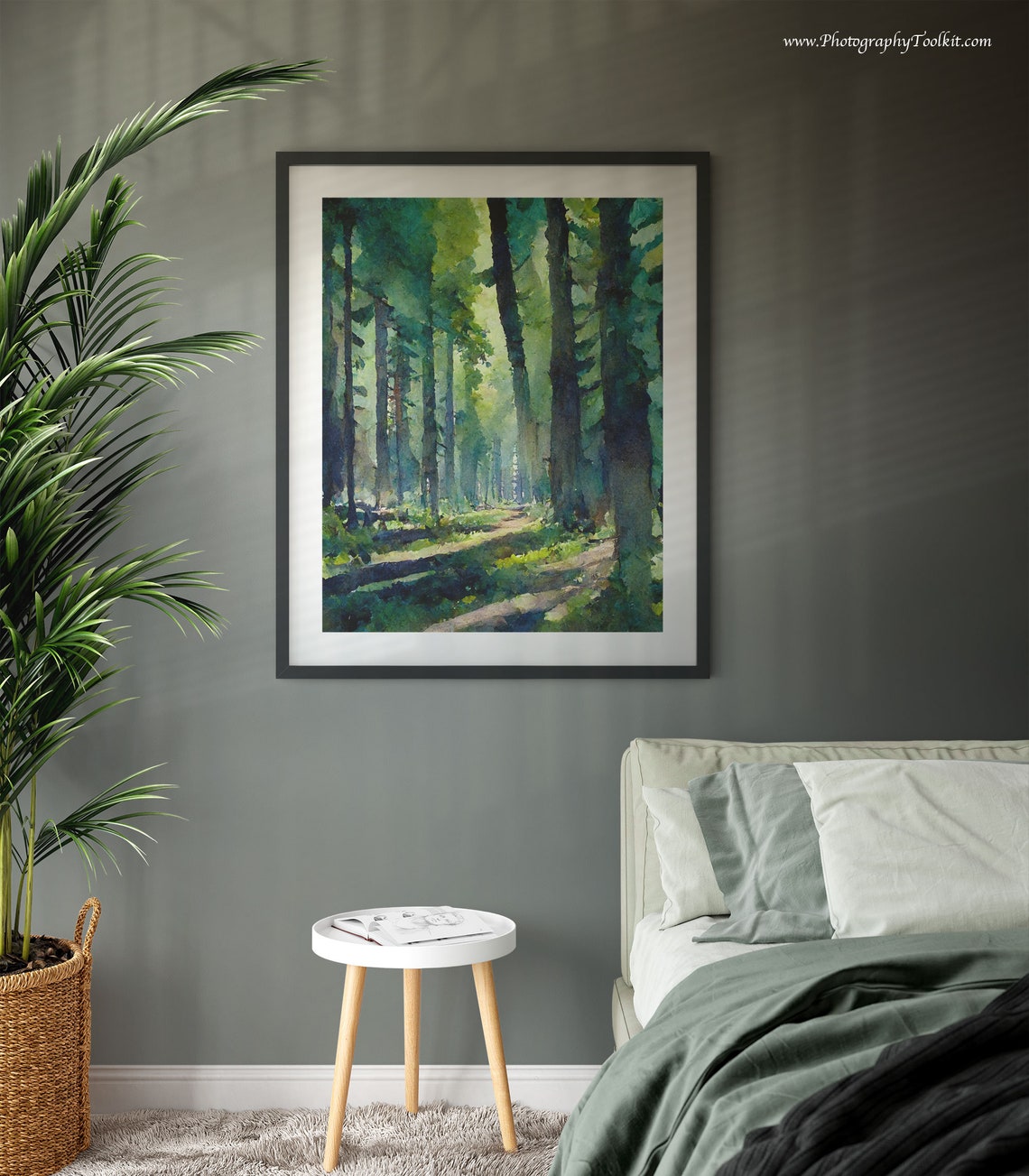 Misty Green Forest Sunlit Woodland Path Serene Watercolor Poster - Image 3