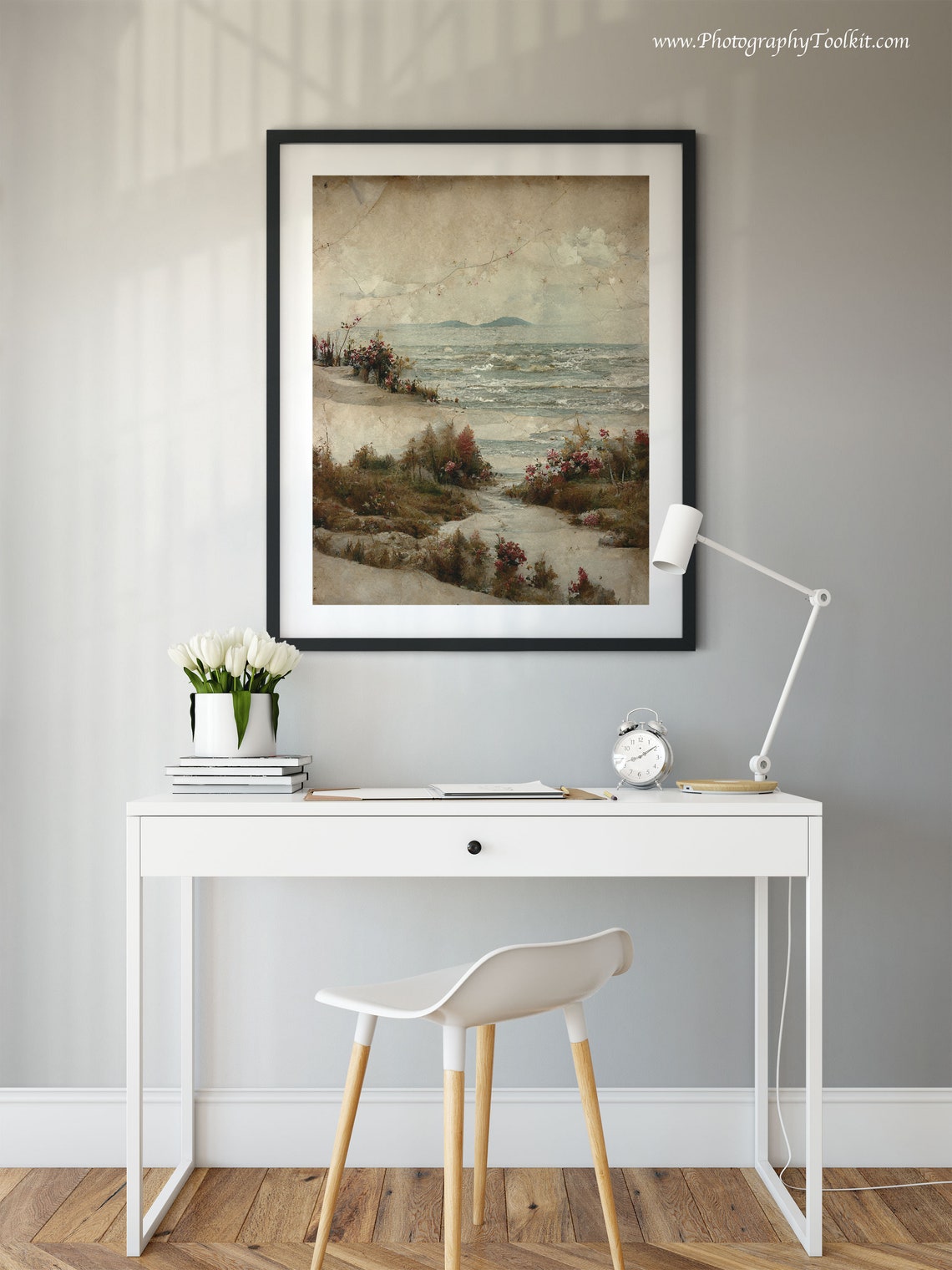 Vintage Coastal Path with Wildflowers and Distant Island Art Poster - Image 2