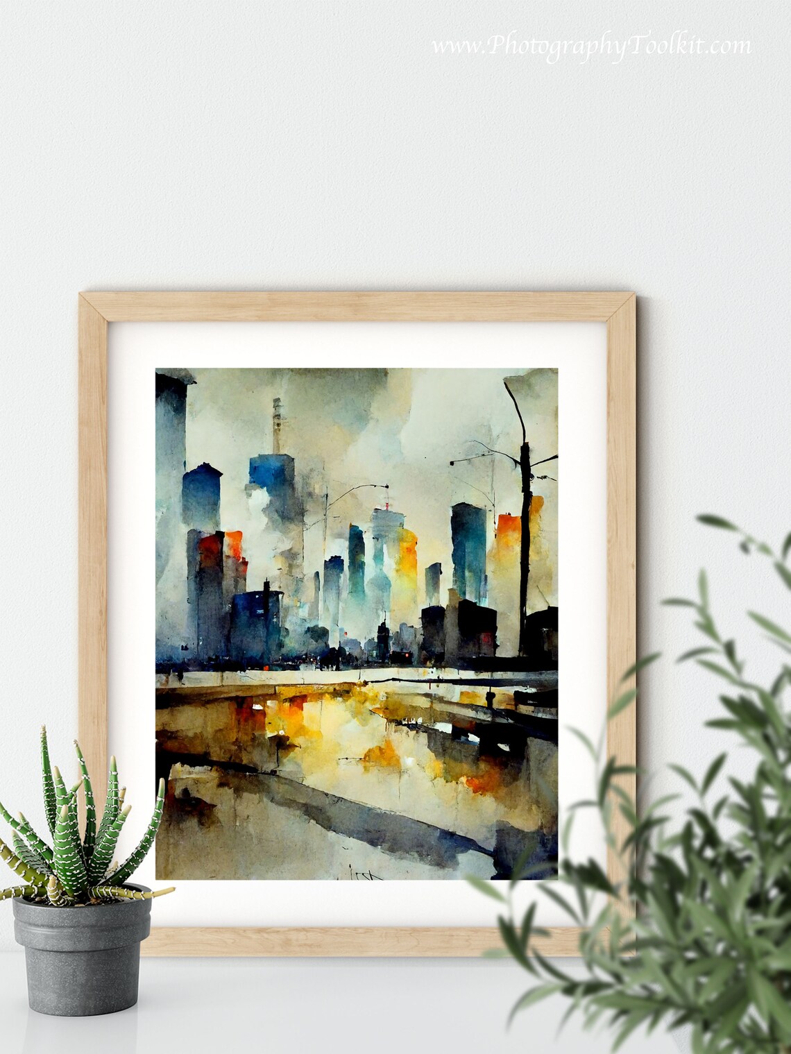Rainy City Street Skyline Reflections Watercolor Abstract Art Poster - Image 5
