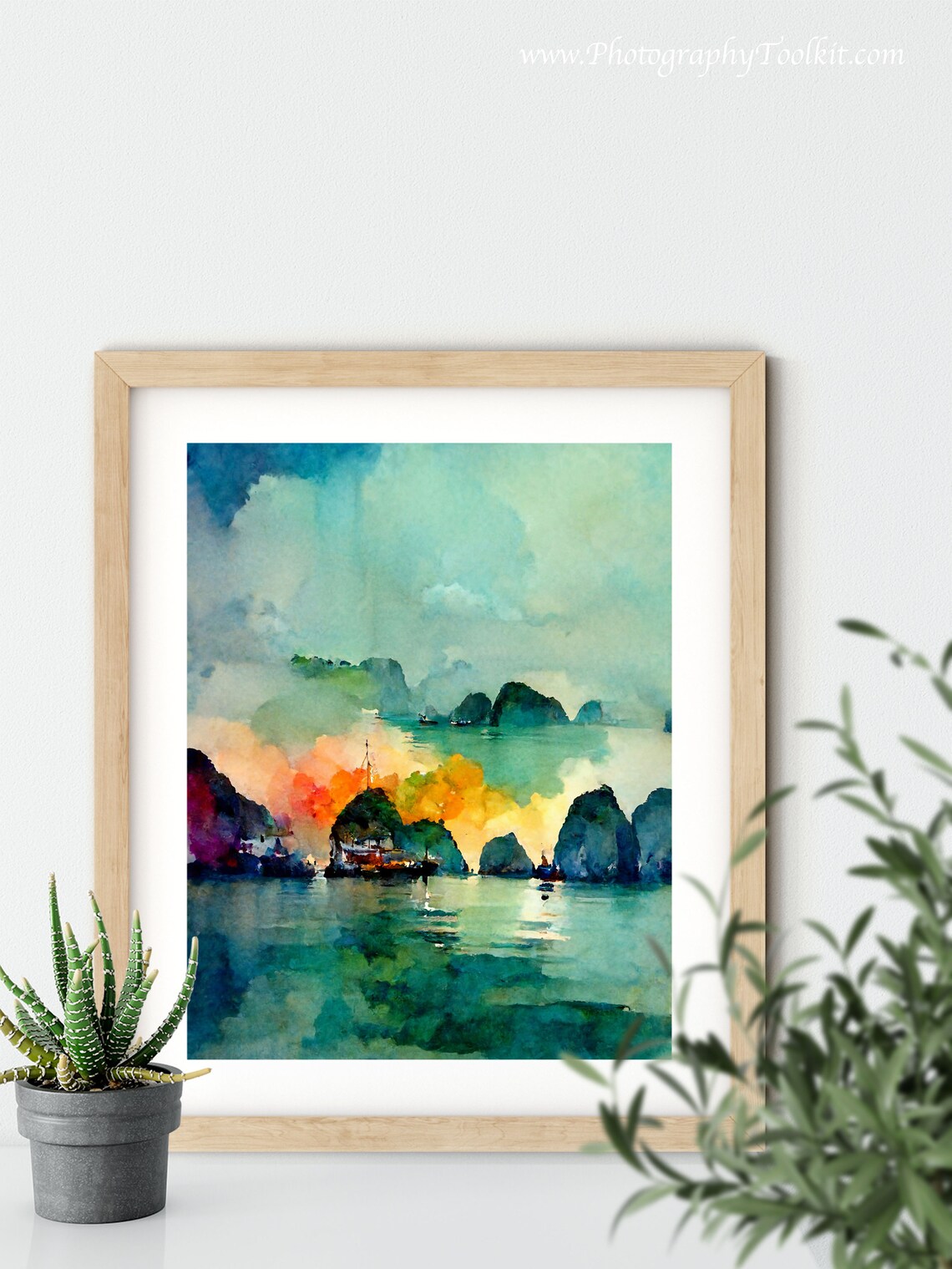 Ha Long Bay Vietnam Sunset Boats Karst Watercolor Travel Poster - Image 5