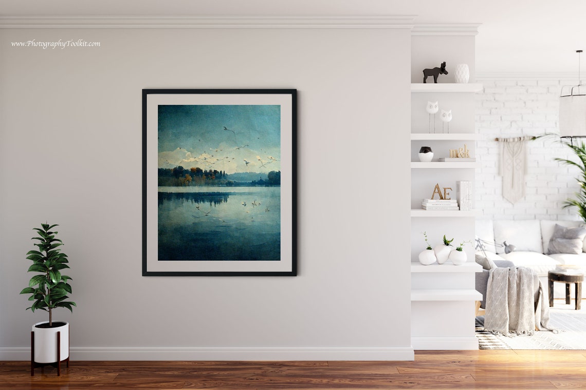 Birds Over Calm Blue Lake Watercolor Tranquil Nature Scene Poster - Image 4