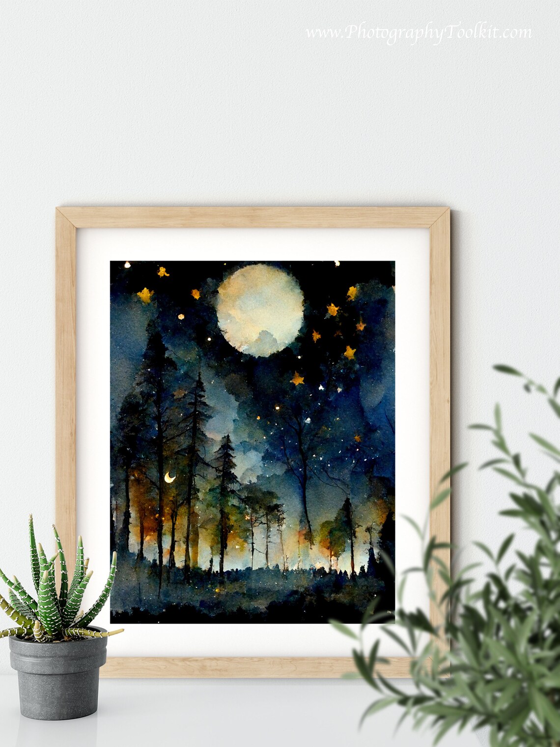 Golden Stars Full Moon Night Forest Watercolor Celestial Sky Poster - Image 5
