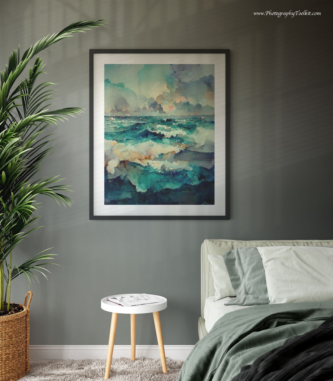 Turquoise Ocean Waves Sunset Clouds Watercolor Dramatic Sea Poster - Image 3