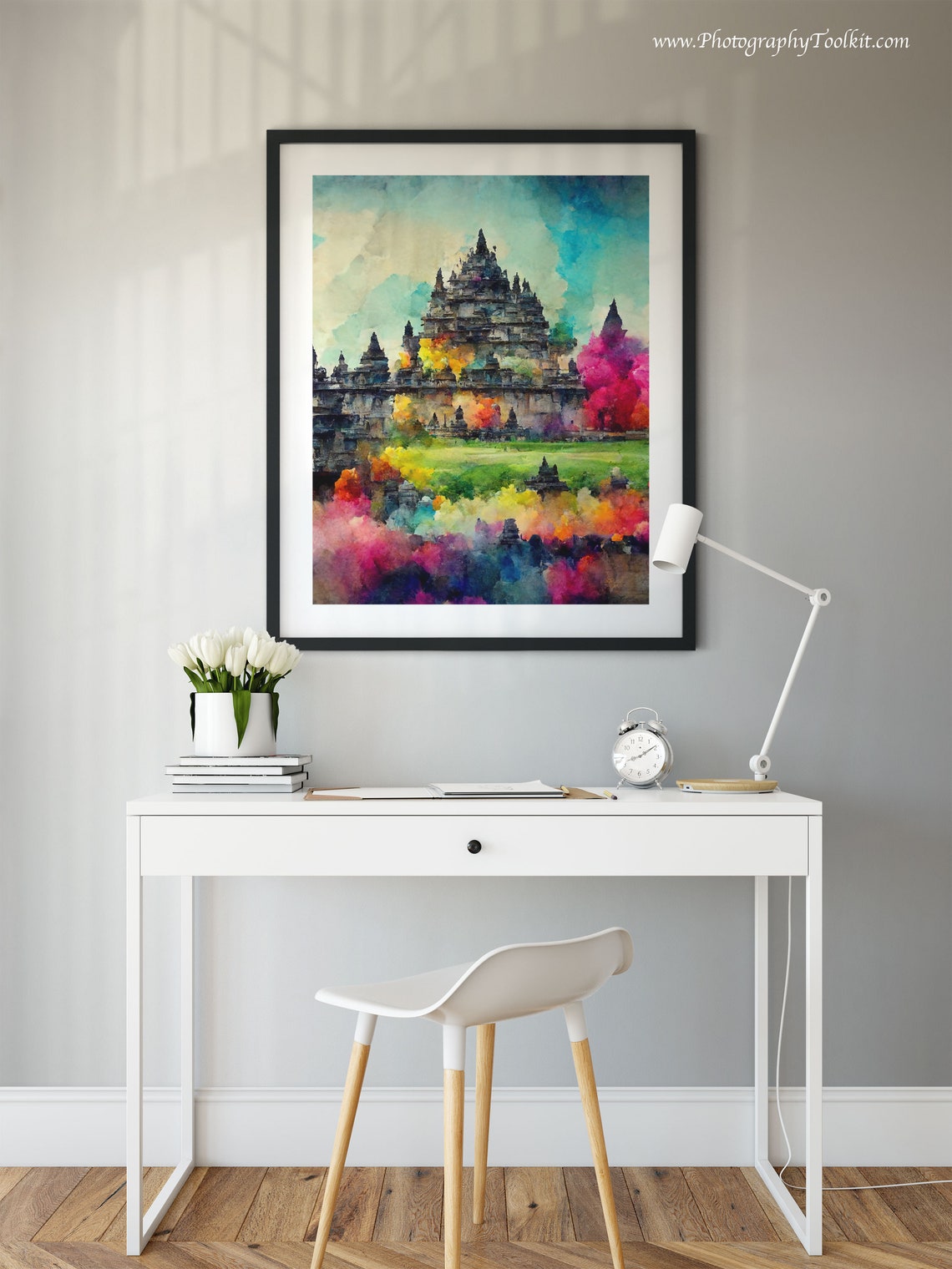Ancient Temple Spires Garden Vibrant Colorful Sky Watercolor Poster - Image 2