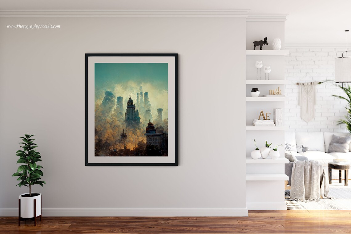 Golden Mist City Towers Dreamlike Vintage Skyline Art Poster - Image 4