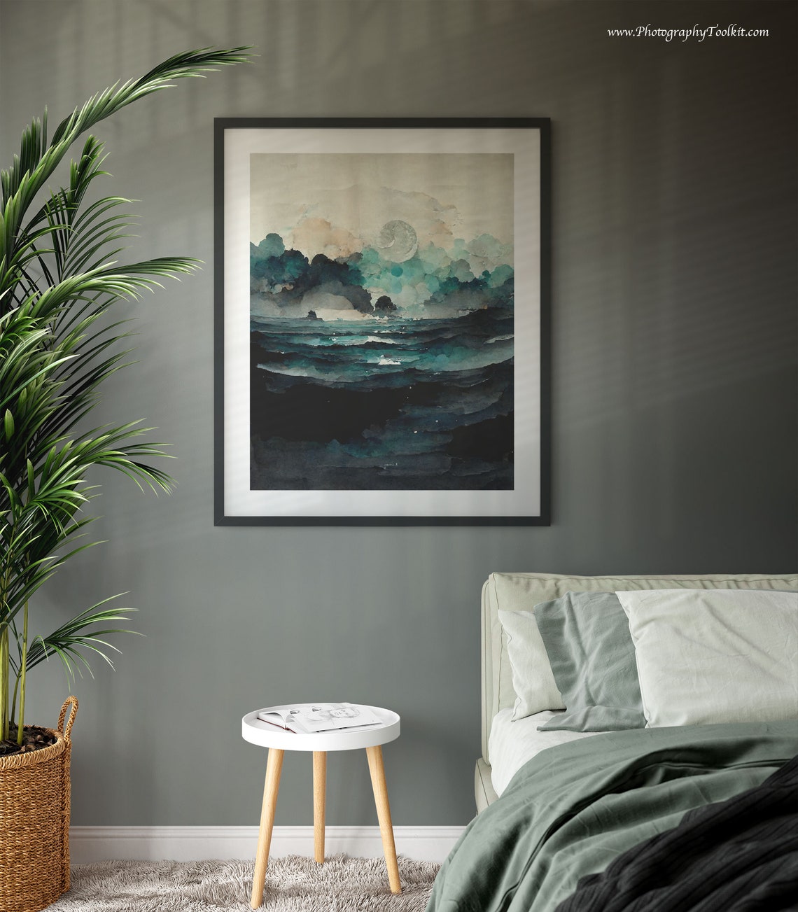 Dark Teal Ocean Waves Pale Moon Clouds Watercolor Night Sea Poster - Image 3