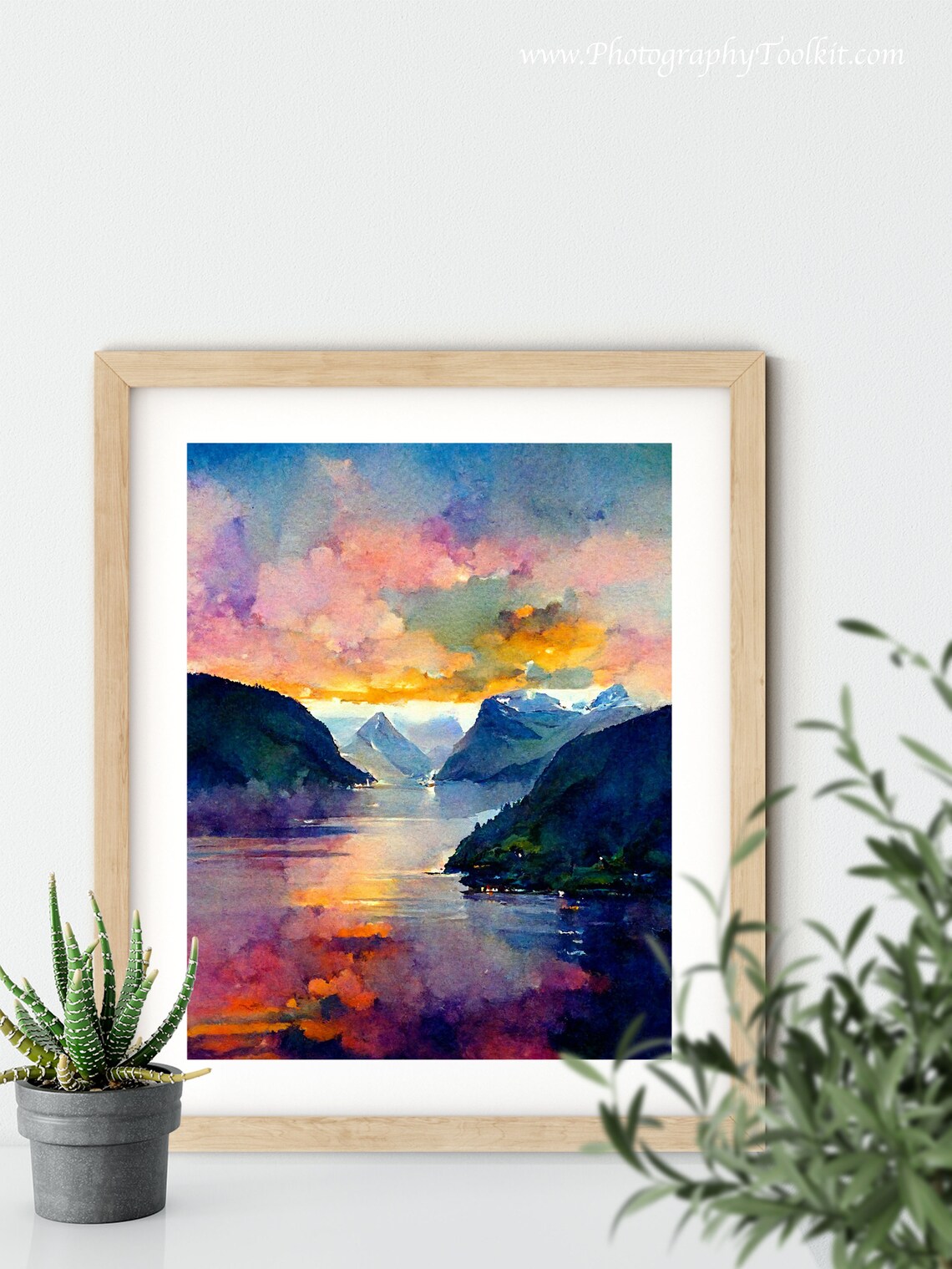 Norwegian Fjord Purple Sunset Mountains Lake Watercolor Poster - Image 5