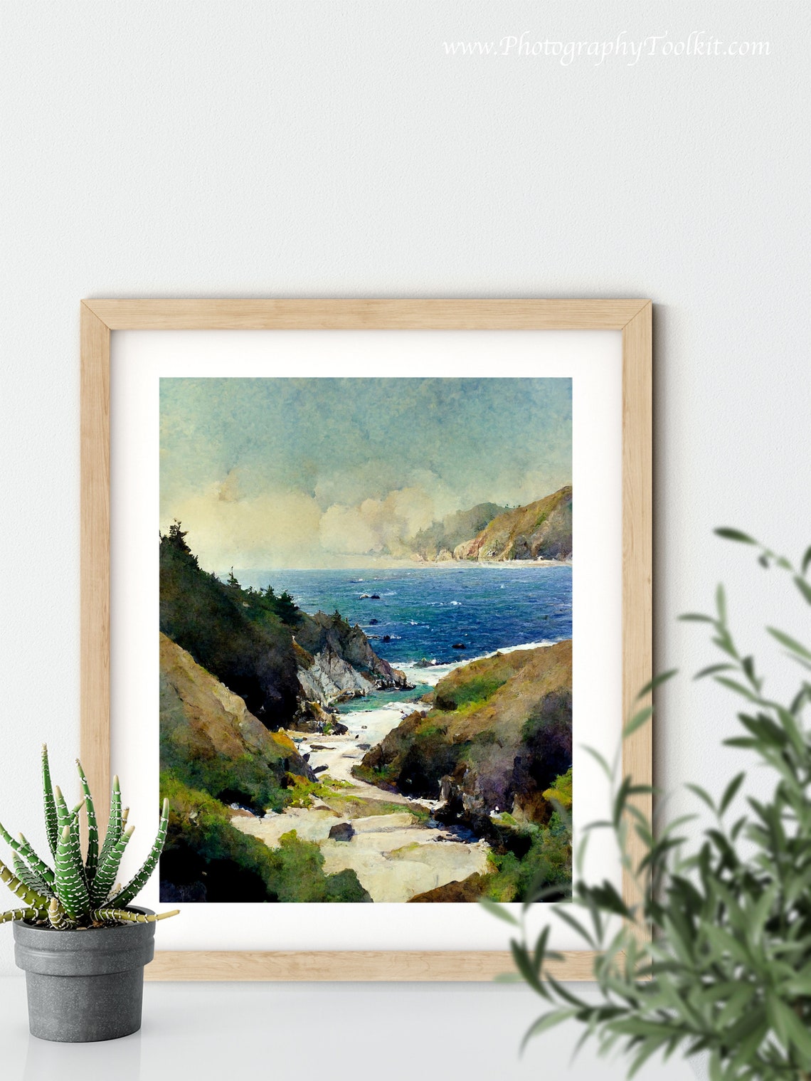 Sunlit Rocky Cove and Cliffs Above a Deep Blue Sea Watercolor Poster - Image 5