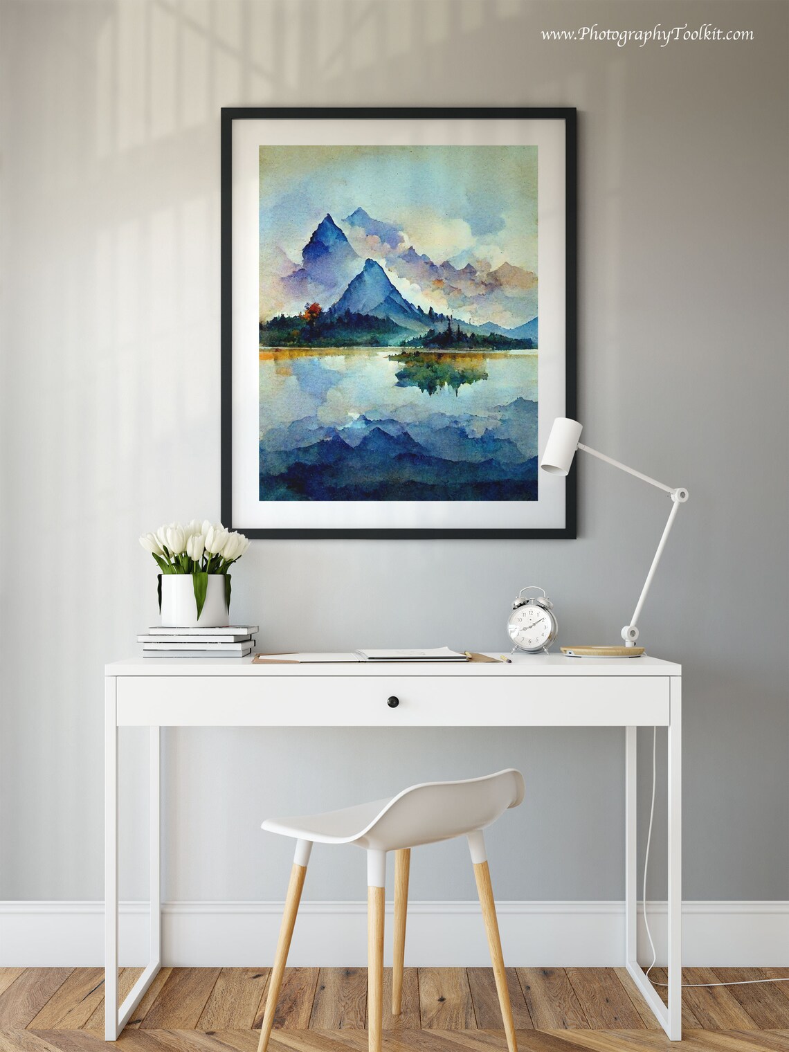 Misty Purple Mountain Peaks Reflected in a Still Lake Watercolor Poster - Image 2