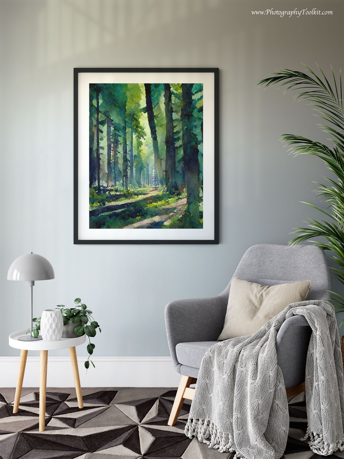 Misty Green Forest Sunlit Woodland Path Serene Watercolor Poster - Image 6