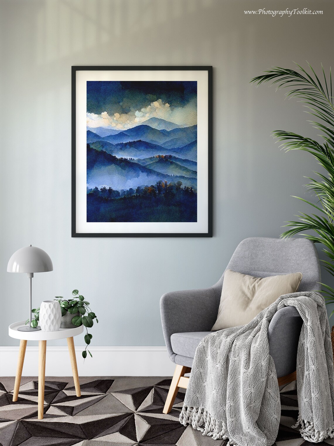 Misty Mountain Layers Blue Watercolor Foggy Peaks Calm Scenic Poster - Image 6