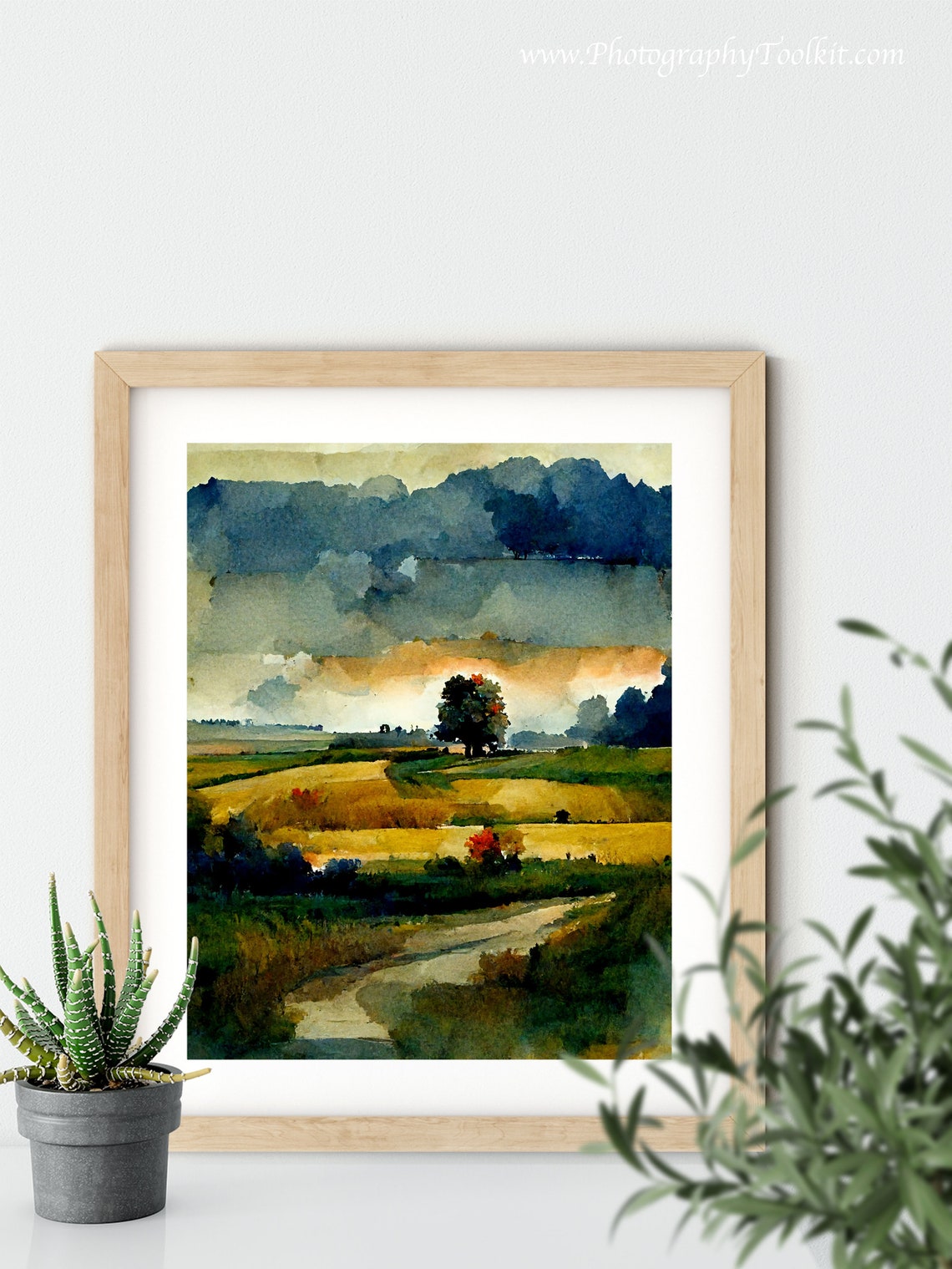 Lone Tree Winding Path Golden Field Stormy Sky Nature Art Poster - Image 5