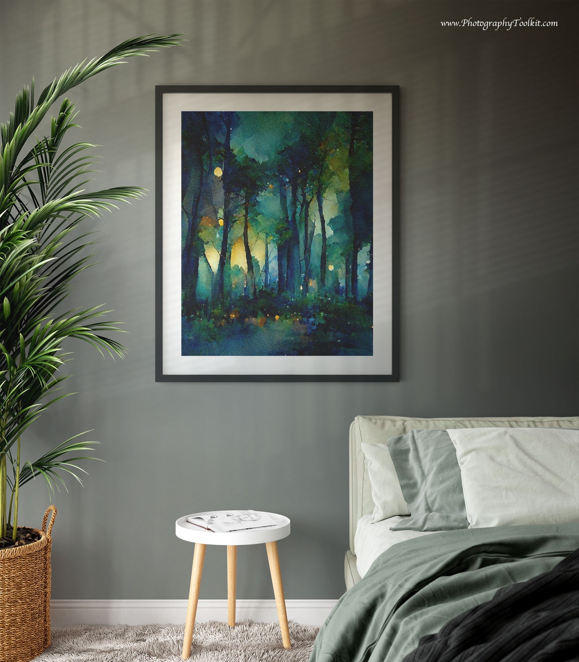 Moonlit Forest Night Glowing Moon Watercolor Dark Trees Poster - Image 3