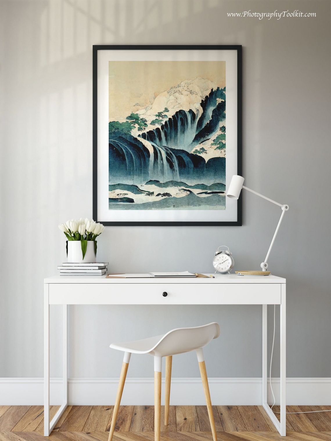 Japanese Style Waterfalls Cascading Over Dark Cliffs Woodblock Poster - Image 2