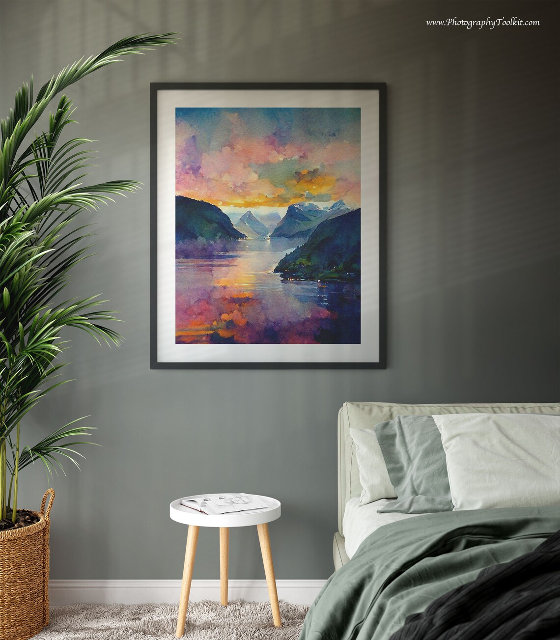 Norwegian Fjord Purple Sunset Mountains Lake Watercolor Poster - Image 3