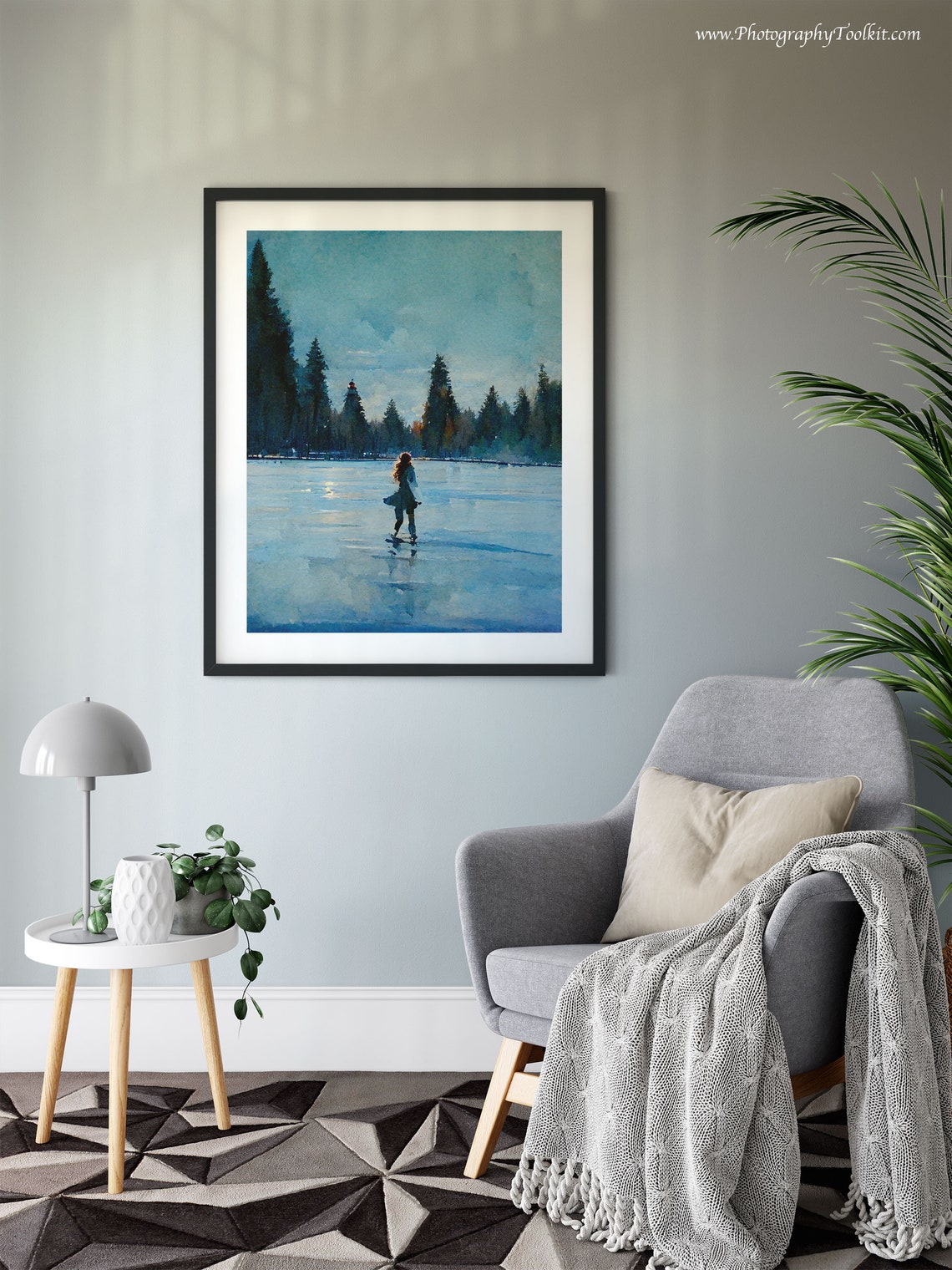 Woman Ice Skating on Frozen Lake Pine Trees Winter Scene Poster - Image 6