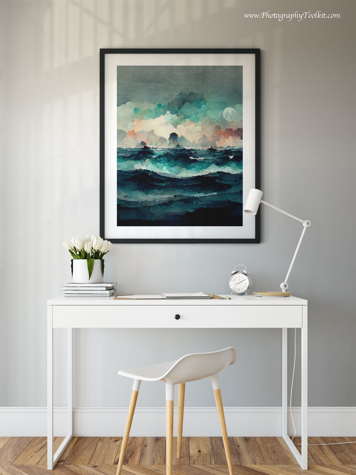 Turquoise Ocean Waves Moonlit Clouds Watercolor Coastal Art Poster - Image 2