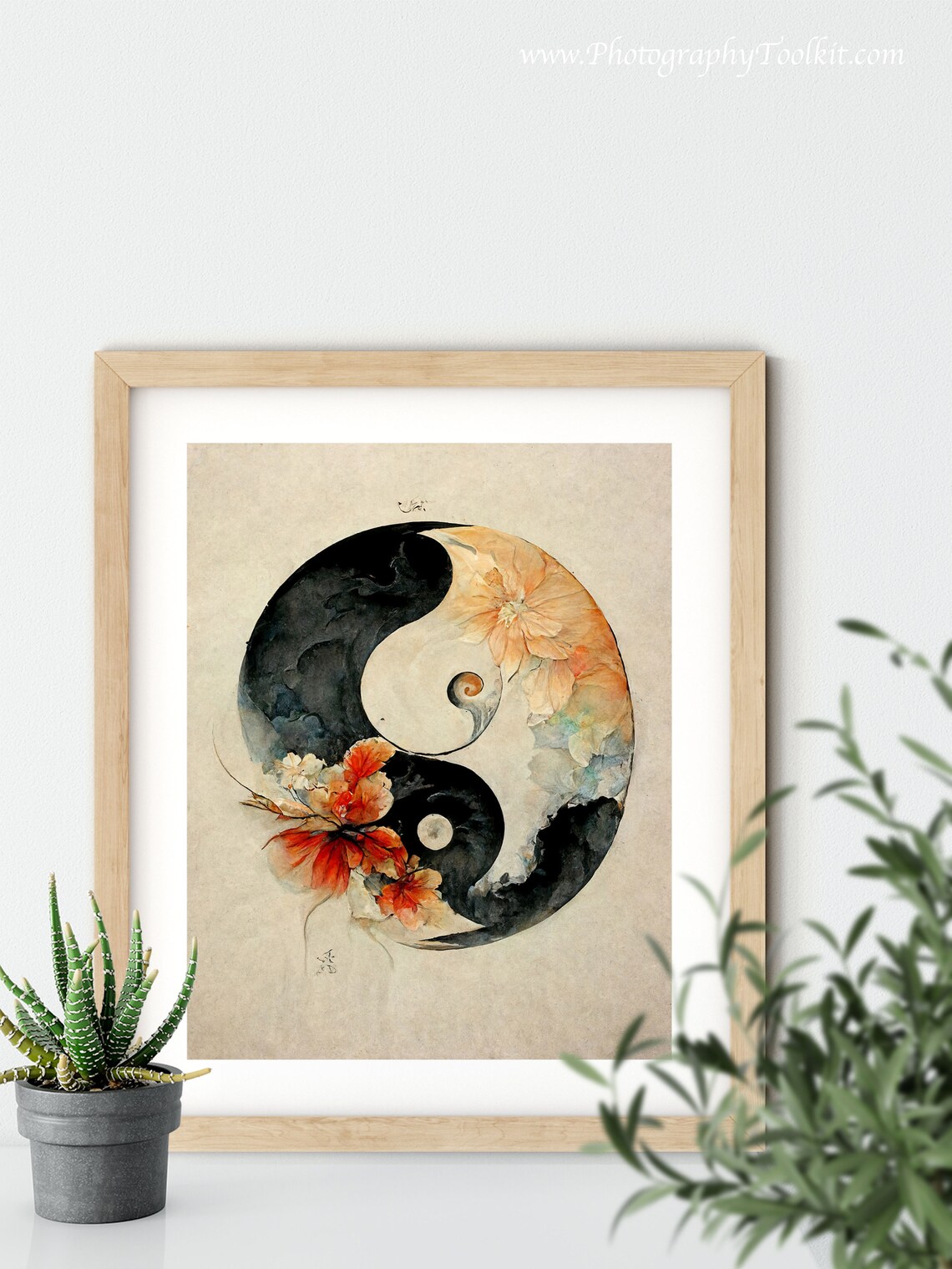 Floral Yin Yang Watercolor Wall Art Boho Balance Symbol Peach Blossom Decor - Image 5