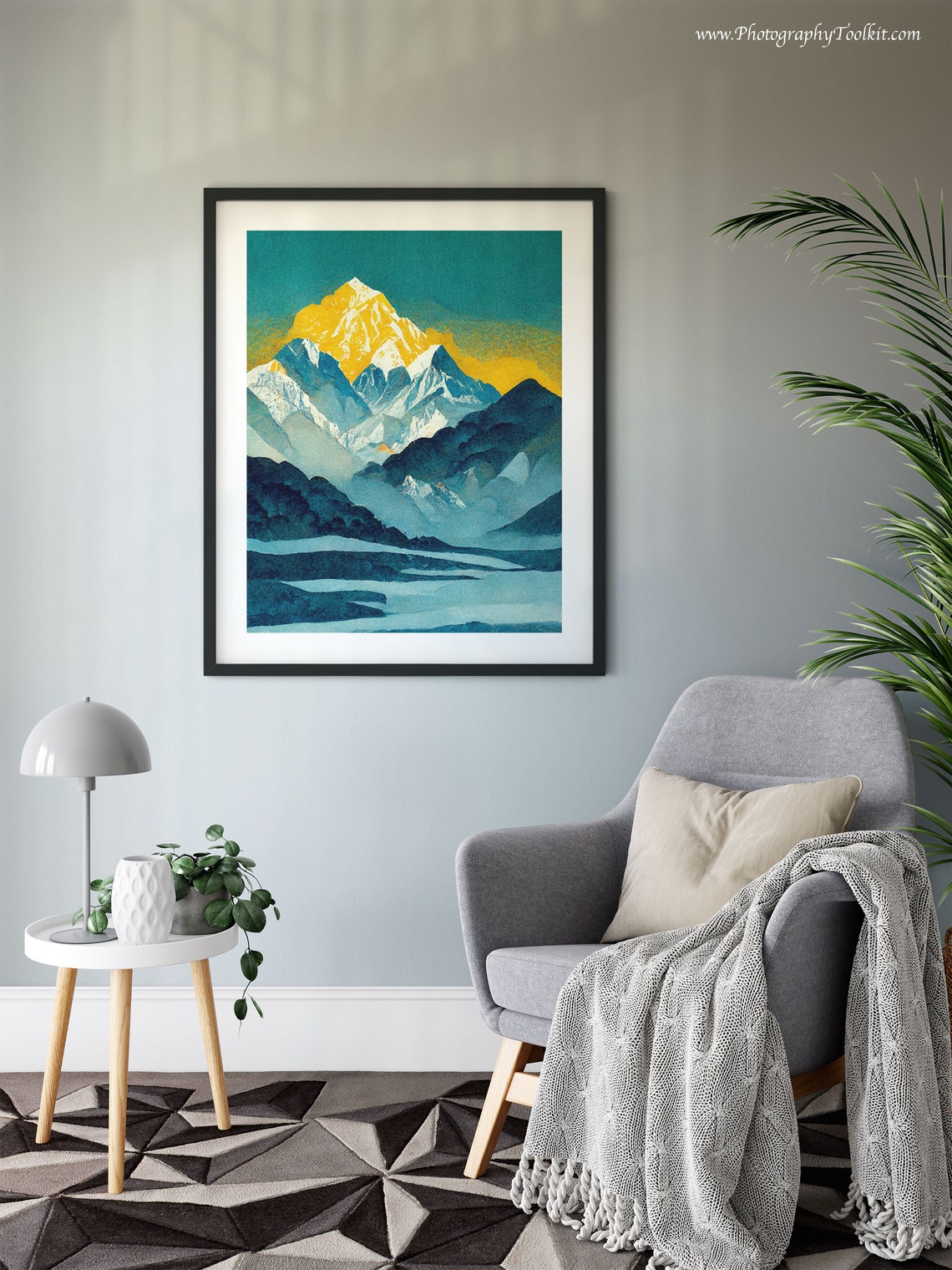 Mount Everest Golden Summit Snowy Peak Teal Blue Watercolor Print - Image 6