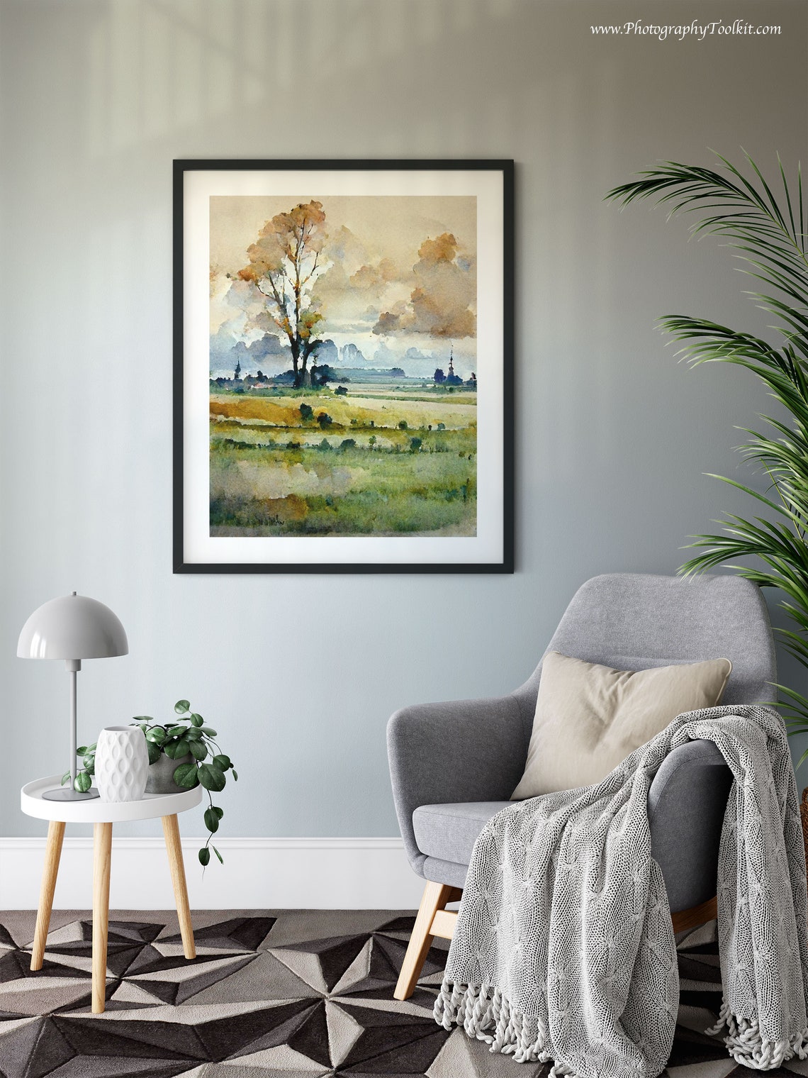Lone Tree Meadow Soft Clouds Watercolor Tranquil Landscape Poster - Image 6