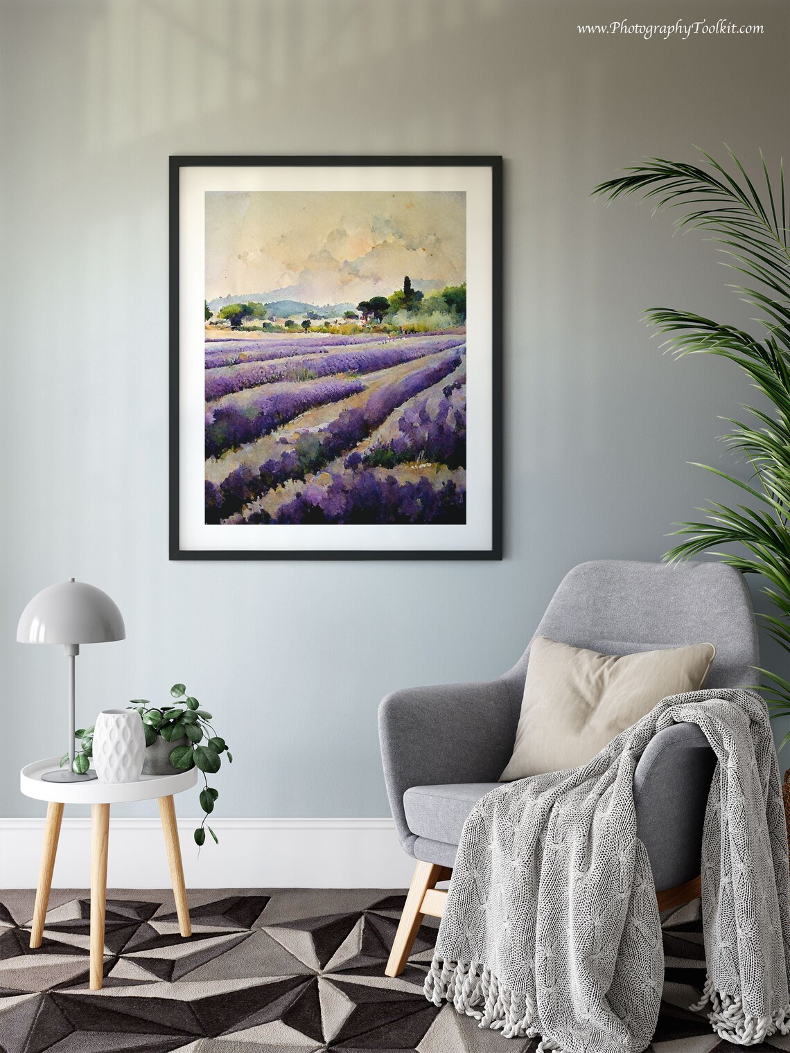 Sunlit Rows of Purple Lavender Flowers Watercolor Countryside Poster - Image 6