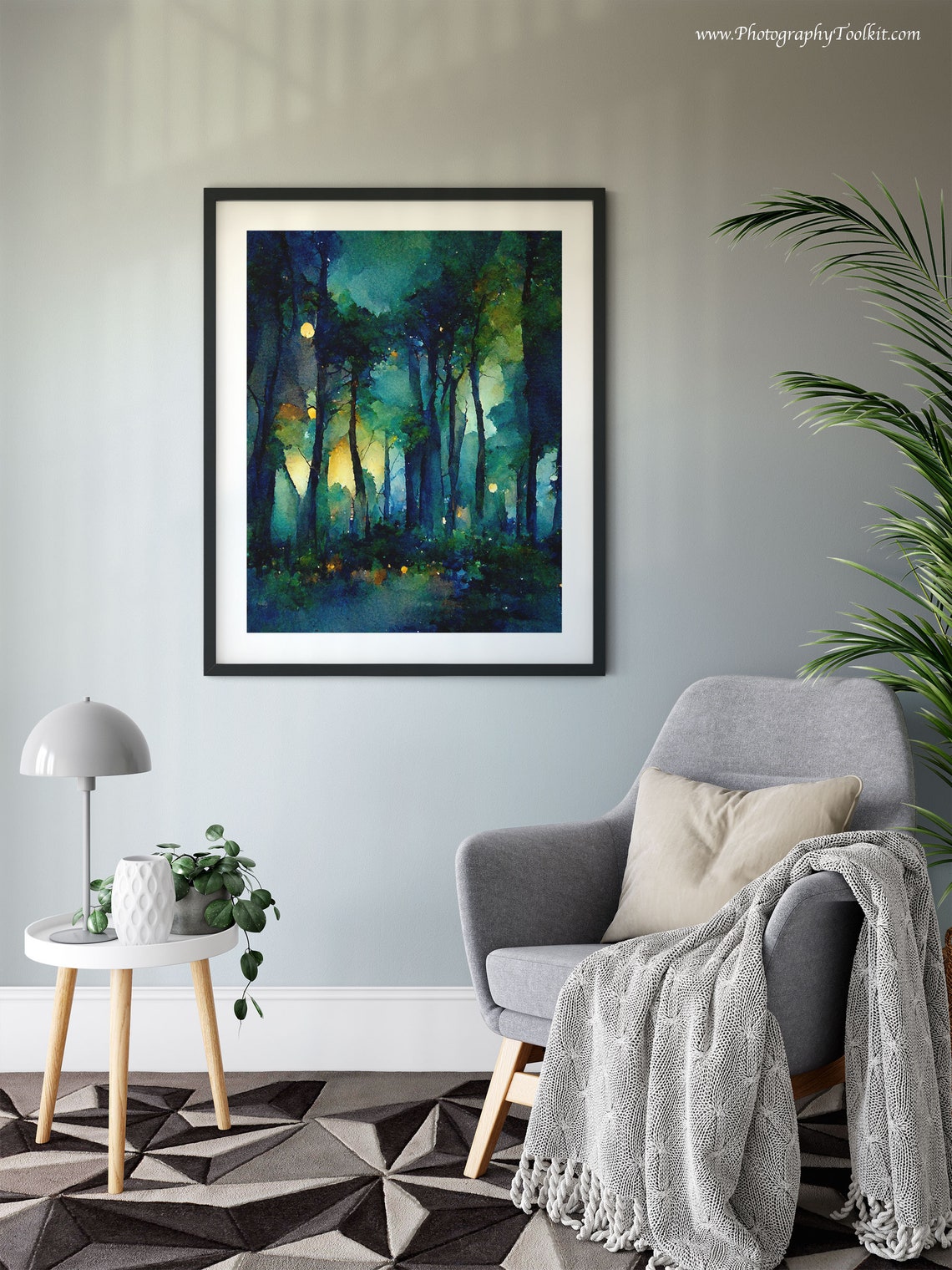 Moonlit Forest Night Glowing Moon Watercolor Dark Trees Poster - Image 6