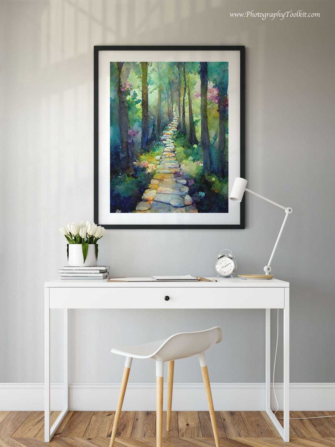 Forest Stone Path Pink Flowers Watercolor Woodland Garden Trail Poster - Image 2