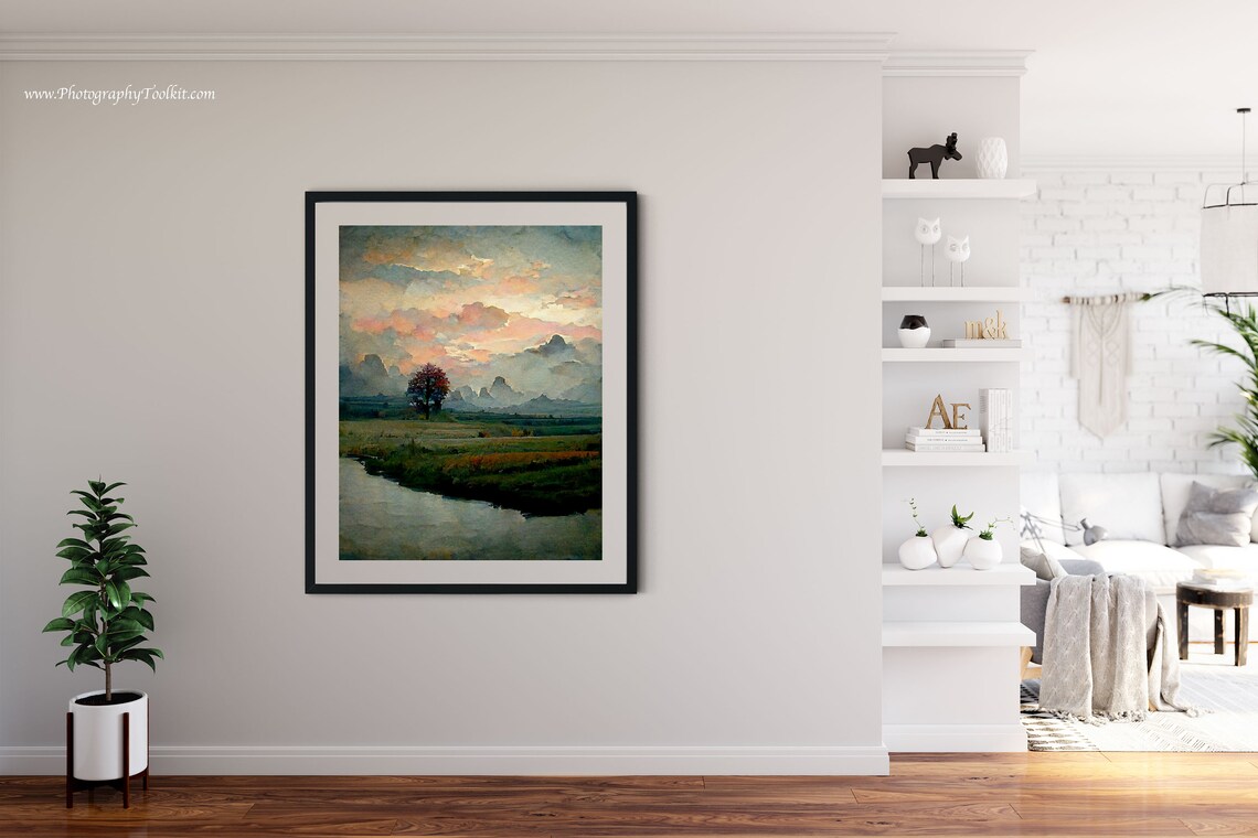 Watercolor Winter Forest Landscape Art Print, Pastel Clouds - Image 4