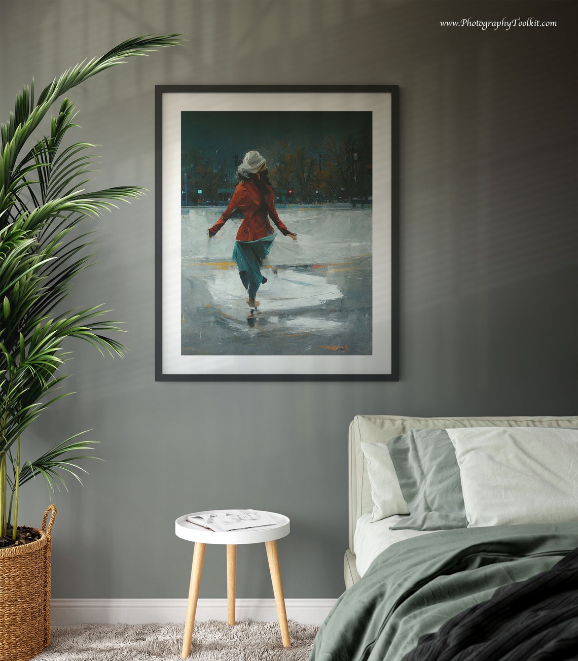 Woman Ice Skating at Night in a Red Coat Painterly Winter Poster - Image 3