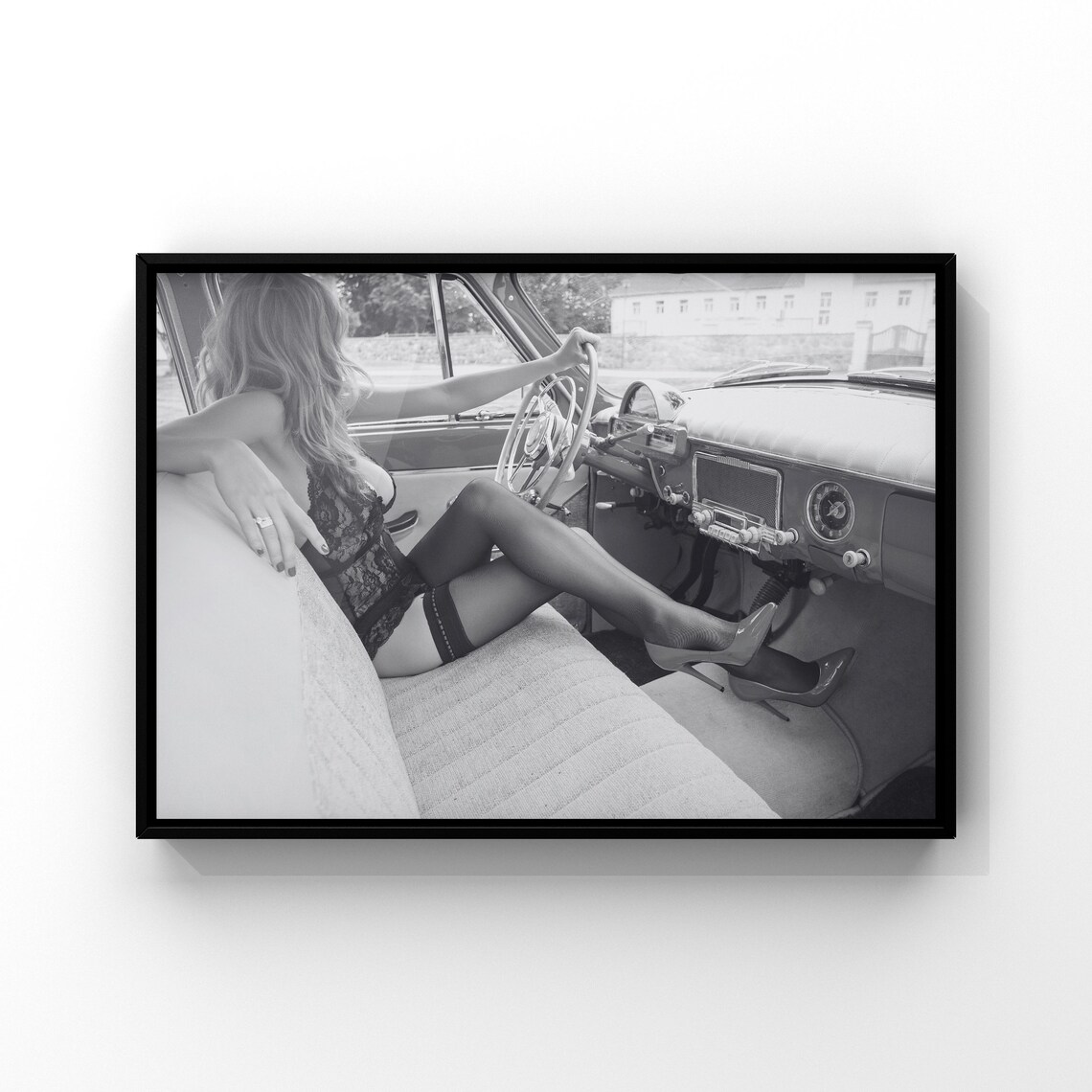 Black and White Glamour Woman Lingerie Vintage Car Photography Poster