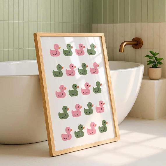 Pink And Green Rubber Ducks Playful Cute Bathroom Poster Art
