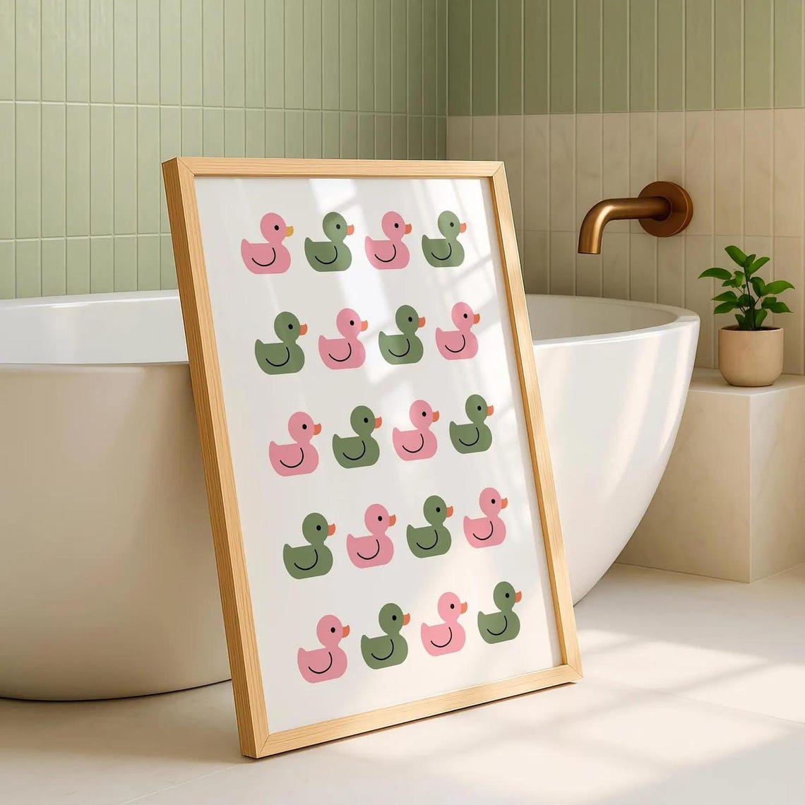 Pink And Green Rubber Ducks Playful Cute Bathroom Poster Art