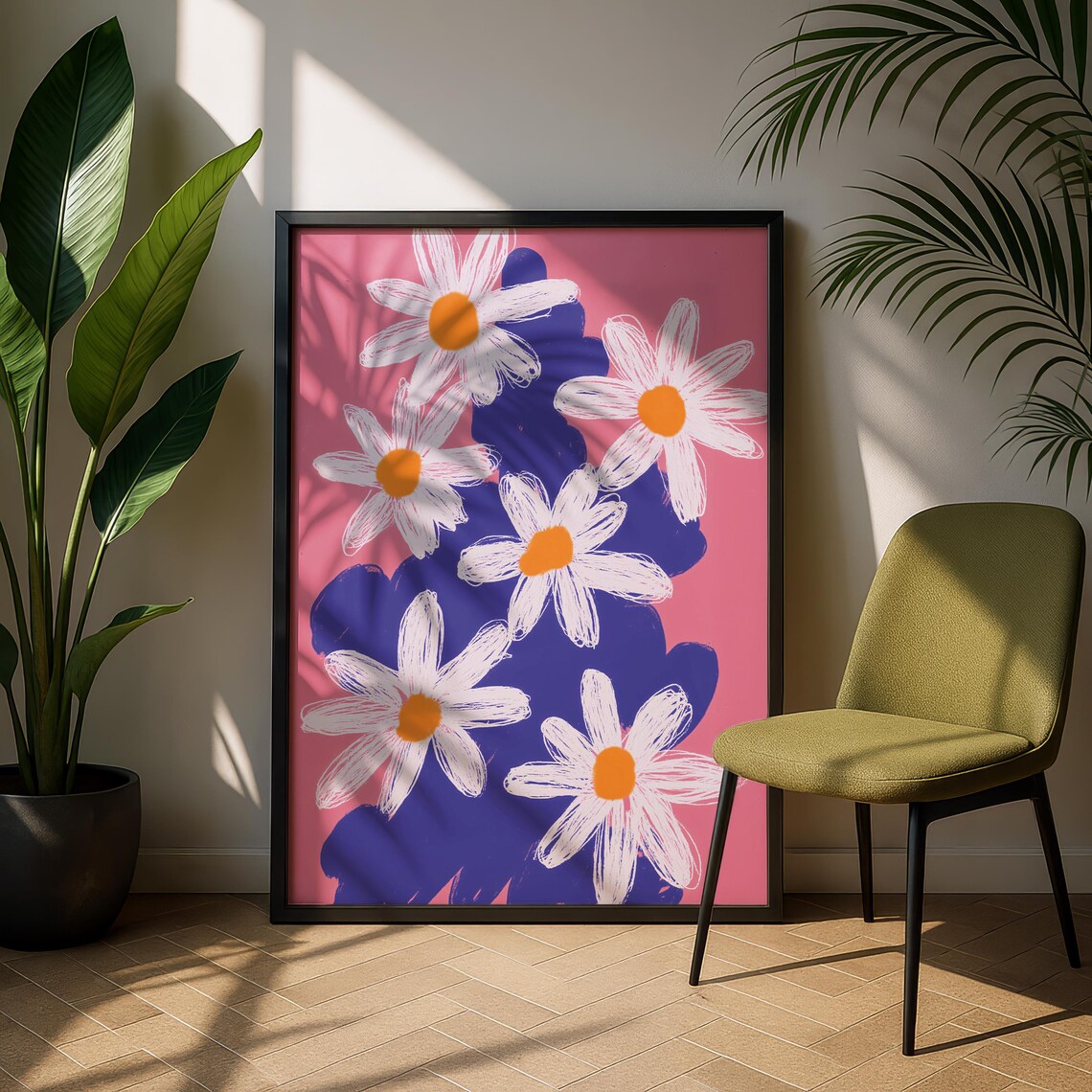 White Daisies With Orange Centers On Pink And Purple Abstract Floral Poster