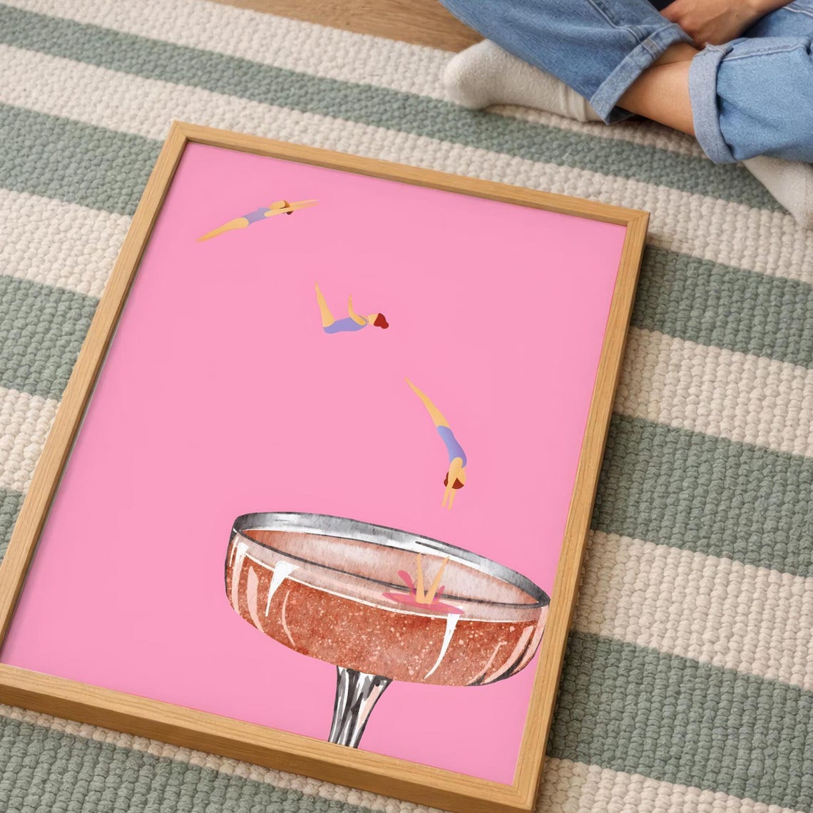 Swimmers Diving Into Giant Cocktail Glass Pink Retro Bar Cart Wall Art