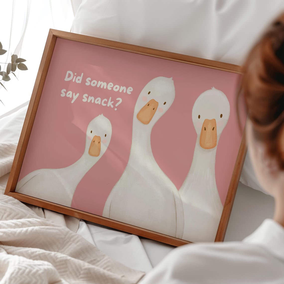 Did Someone Say Snack Three Cute White Geese On Pink Funny Kitchen Poster