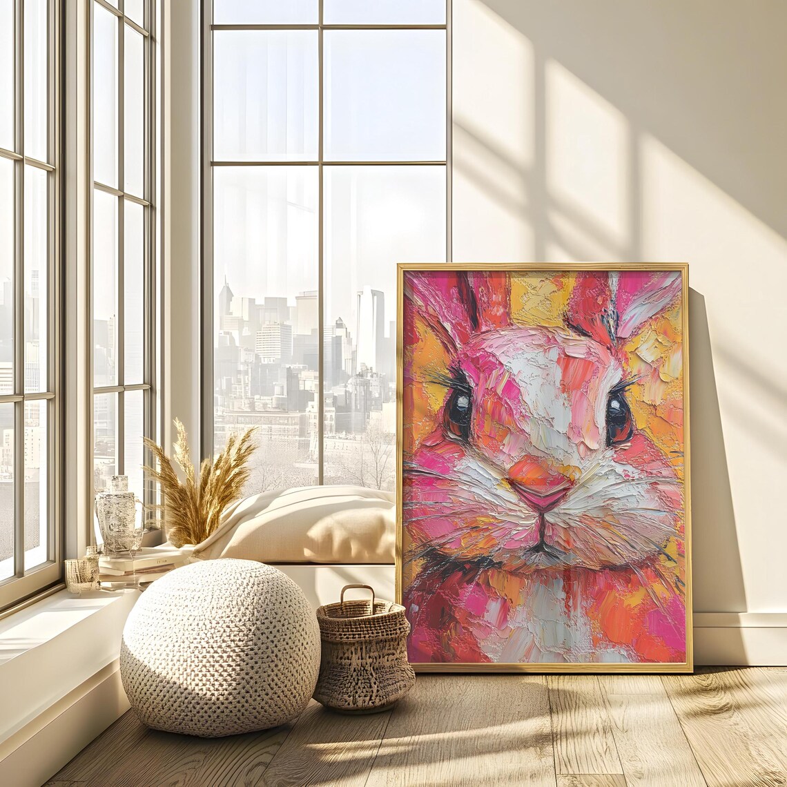 Vibrant Impasto Bunny Face Bold Pink Orange Thick Brushstroke Textured Art Poster - Image 3