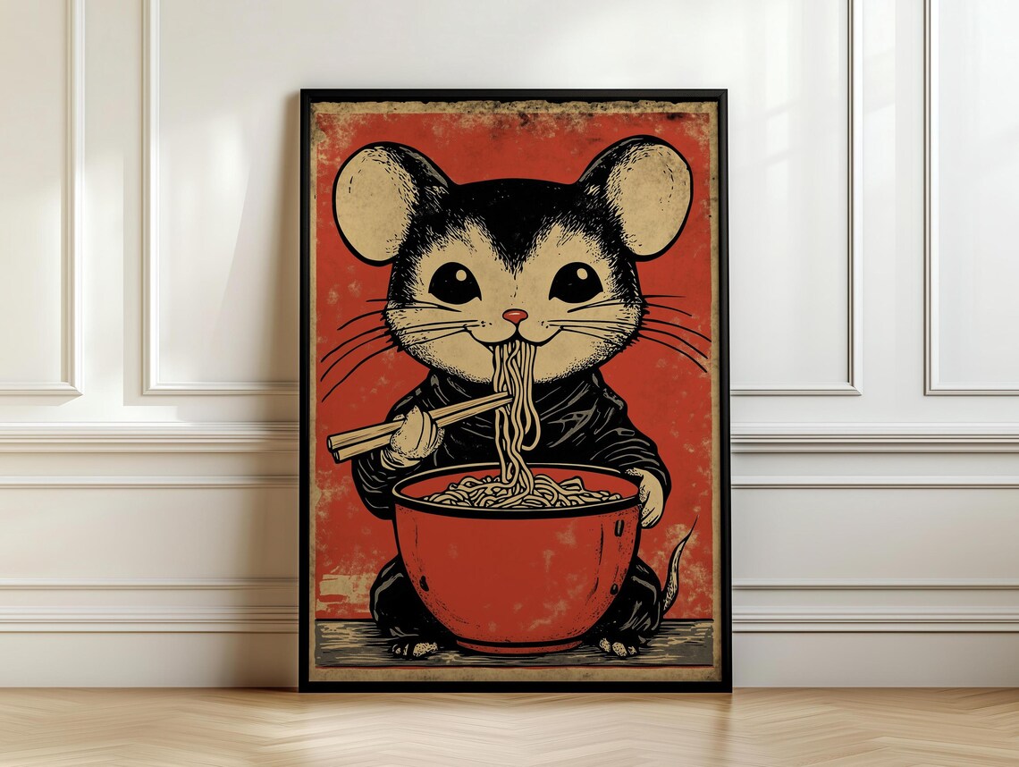 Mouse Eating Ramen Noodles, Japandi Minimalist Art Print - Image 6