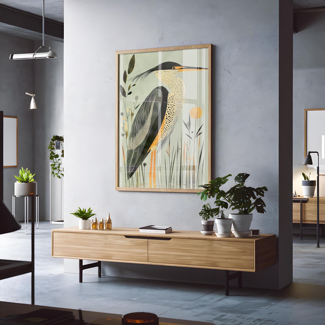 Art Deco Heron Geometric Bird in Sage Green Botanical Poster - Image 3